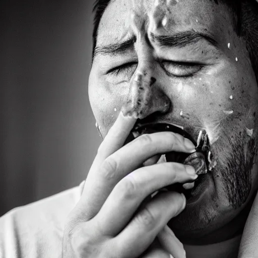 Prompt: a man crying his eye's out, snot dribbling out of his nose, because his ice cream cone is tiny. photograph.