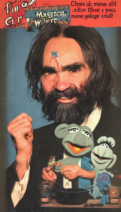 Image similar to vintage magazine advertisement depicting charles manson hosting the muppet show