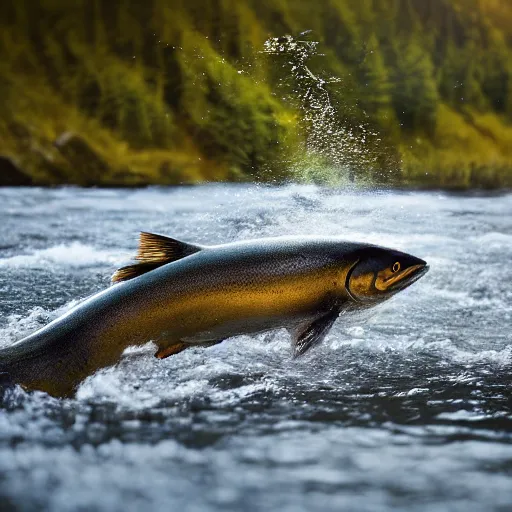 Image similar to movie still of a jumping salmon in alaska, splash art, photorealistic features, cinematic lighting, dramatic, octane render, long lens, shallow depth of field, bokeh, anamorphic lens flare, hyper detailed, 3 5 mm film grain