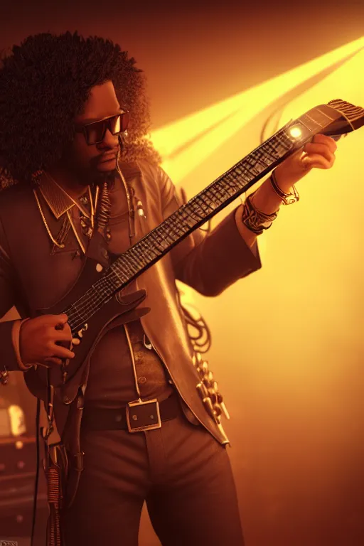 Image similar to a steampunk black man with long curly hair, playing electric guitar at a night club, focus on the musicians, cinematic lighting, exaggerated detailed, unreal engine, octane render, trending on artstation, art by greg rutkowski, 4 k