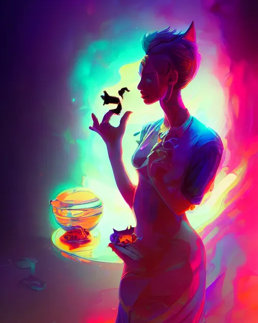 Image similar to lsd, acid trip, a beautiful woman with ( cat ) features, dramatic lighting, by lois van baarle, artgerm, wlop, greg rutkowski, ultra detailed colorful repeating fractals in the background by moebius, beeple, artstation