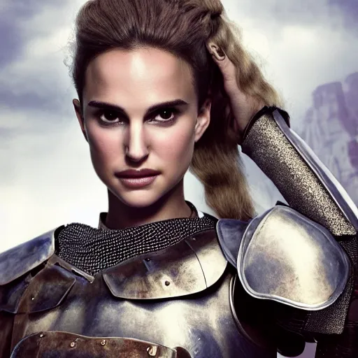 Prompt: head and shoulders portrait of a female knight, young natalie portman, steampunk, silken blonde hair, armored, athletic, fantasy castle, vogue fashion photo