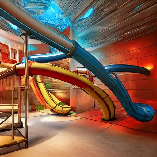 Prompt: waterslides in a house, digital art, cinematic lighting, epic composition, highly detailed