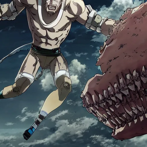 Prompt: joe biden, as a titan, kicking a florida mansion, attack on titan, anime key visual, wit studio official media, beachfront mansion, huge smashed mansion, giant kicking foot, smoke and rubble, high detail, stomping, stomping, stomping