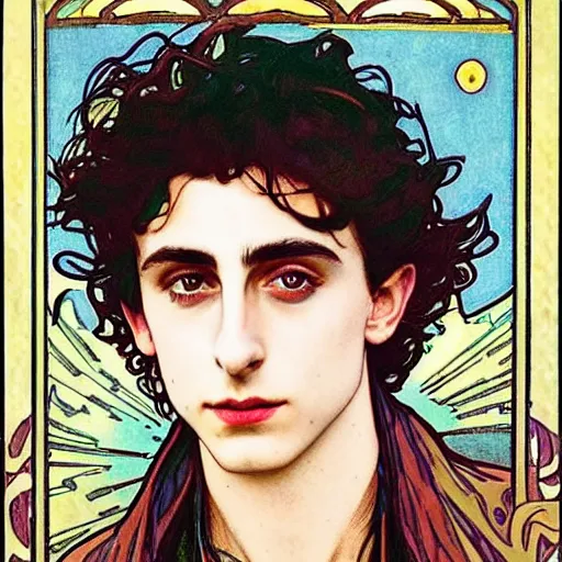 Image similar to timothee chalamet portrait by louis - theophile hingre and alphonse mucha, realistic, sharp focus, zodiac signs, tarot cards, planets, ethereal, art nouveau, magic, moon, sun, crown, dreamy, royal, jewellery