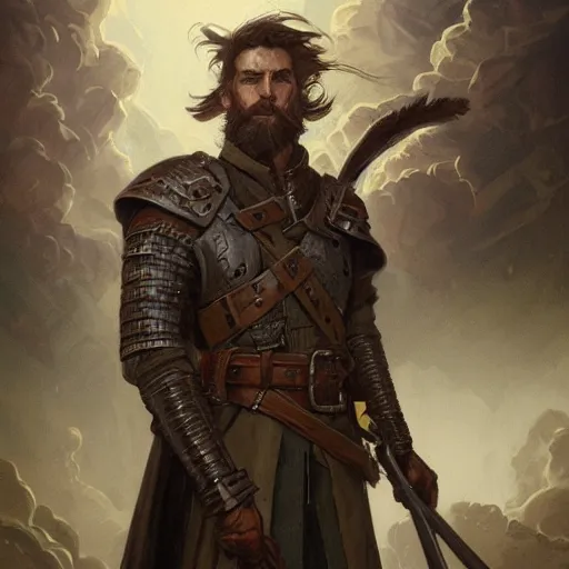 Prompt: portrait of a ruggedly handsome wizard soldier with short brown hair and stubble wearing leather armor and a cape summoning a storm cloud, half body, fantasy, highly detailed, digital painting, artstation, concept art, character art, art by greg rutkowski and tyler jacobson and alphonse mucha