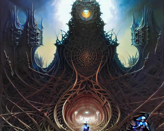 Image similar to the stronghold of evil, fantasy character portrait made of fractals facing each other, ultra realistic, wide angle, intricate details, the fifth element artifacts, highly detailed by peter mohrbacher, hajime sorayama, wayne barlowe, boris vallejo, aaron horkey, gaston bussiere, craig mullins