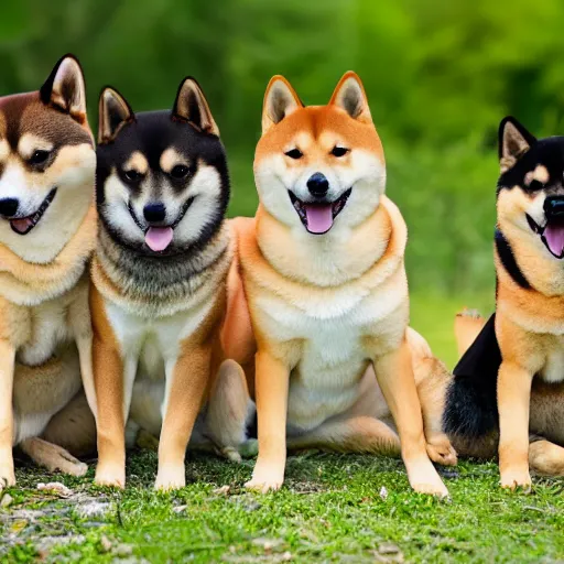 Image similar to A group of Shiba Inus in levander field, 8k UHD, Nature photography, high detail, High quality, stunning lighting, beautiful lighting,