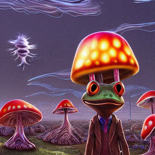 Prompt: A close up portrait of a dignified psychedelic godlike anthropomorphic frog smoking an anime blunt , magic mushroom village in background . award winning. superb resolution. in the art style of junji Ito and greg rutkowski . Detailed Mushroom city in background. Hyper realistic anime. Perfect art. Dalle2