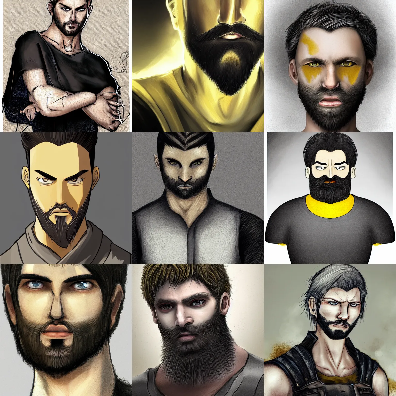 Prompt: Photo of the man with pale ash-colored skin, yellow cat-eyes with vertical pupils, black thick hair with a touch of gray to the shoulders, with neat stubble, similar to a small beard and with a strong build. He wore a plain old shirt, with a light leather armor, male, elegant, digital fantasy art, hands straight down, insane, under light, full body, Trending on artstation