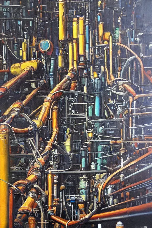 Prompt: oil painting, extra long-vie, hight detailed, thousand small melting industrial pipes, in style of 80s sci-fi art