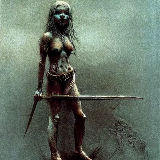 Prompt: A cute barbarian girl by Beksinski