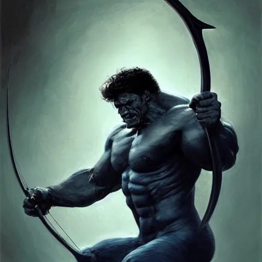 Image similar to artstation concept a midnight blue hulk holding bow and arrow, dusty, hyperdetailed, artstation trending, world renowned artists, worth 1 0 0 0. com, historic artworks society, antique renewel, cgsociety, by greg rutkowski, by gustave dore, deviantart