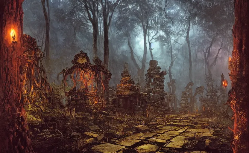 Image similar to A highly detailed dark forest path leading to an ominous and evil looking ancient stone temple ruins, rubble everywhere, at twilight, an evil feeling looms over the place with ethereal light in the distance, full color by Craig Mullins, Larry Elmore, Andrea Rocha, Alan Lee