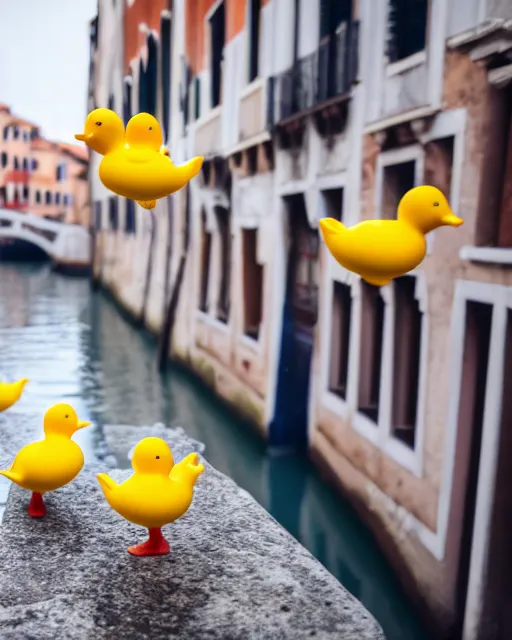Image similar to high quality presentation photo of rubber ducks taking over Venice, photography 4k, f1.8 anamorphic, bokeh, 4k, Canon, Nikon