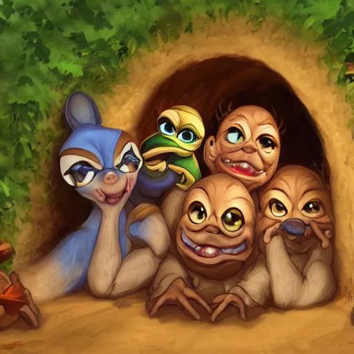 Image similar to a group of pepe digging in a tunnel by torchlight, artwork by Artgerm, Don Bluth