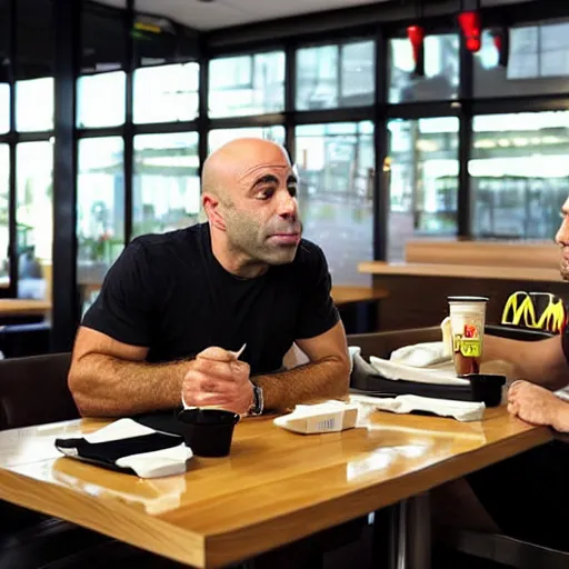 Image similar to joe rogan eating at a macdonalds restaurant