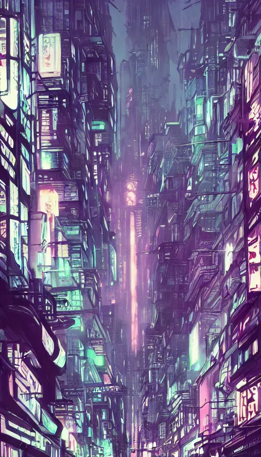 Image similar to blade runner style dystopian mega city street, lower levels with towering buildings reaching up to the clouds, viewed from street level looking up at neon sci - fi signs and lights, matt cook illustrator war artist, syd mead concept art, doug chiang concept drawings, ink drawing, ink illustration, colour ink with dark contrasted shadows, pink green and blue lights