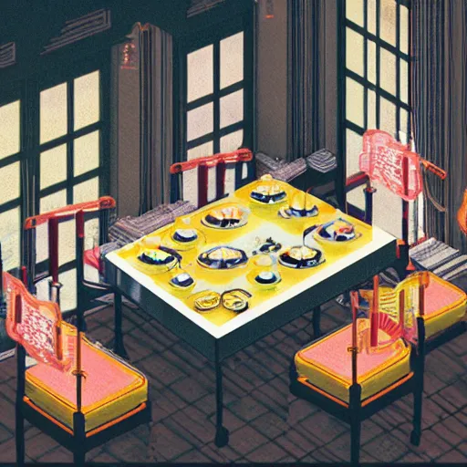 Image similar to fine dining with grandma eating crayons on golden plates in a palace, crayons melting down all over the floor, in the style of kawase hasui james jean, muted neon colors, artstation trending, 8 k, 3 d render, photorealistic, volumetric lighting caustics, black and white, detailed af