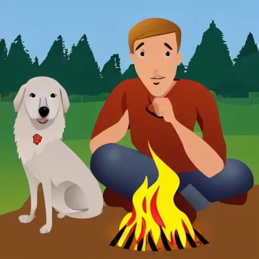 Image similar to cartoon image of hillbilly with long blonde hair at a bonfire with his australian shepherd