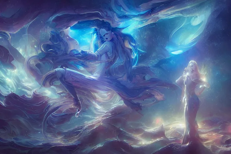 Prompt: faint ghostly people in a nebula of sound, arcs of fiery neon light, swirling mystical particles and musical notes floating, beautiful, intricate, highly detailed concept art by artgerm and greg rutkowski and android jones