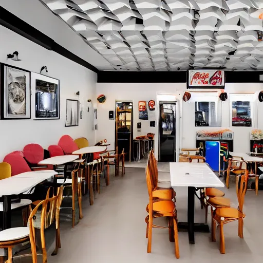 Image similar to photo of a white cafe interior with retro arcade machines on one side and tables on the other, 8 0 s art on the tall white walls, wide angle shot 4 k hdr