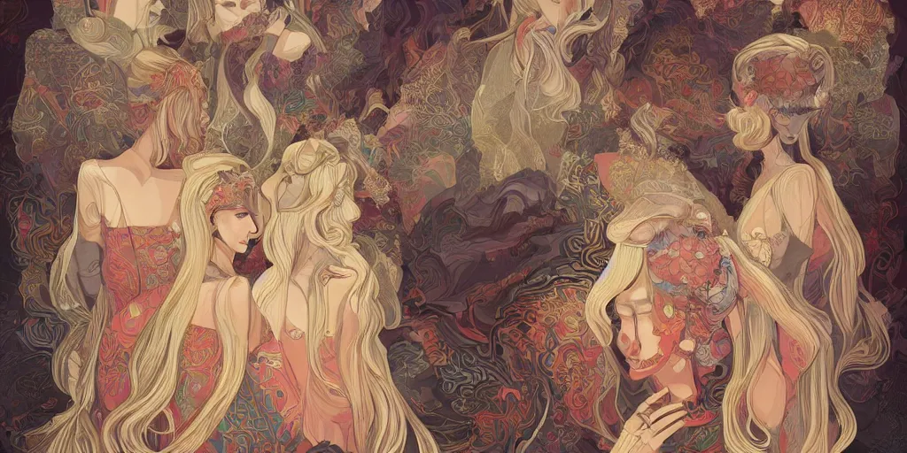 Image similar to breathtaking detailed concept art painting kaleidoscope art deco pattern of blonde faces goddesses amalgamation winter, by hsiao - ron cheng, bizarre compositions, exquisite detail, extremely moody lighting, 8 k