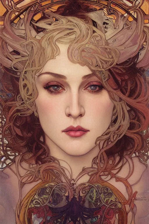 Prompt: realistic detailed face portrait of Madonna by Alphonse Mucha, Ayami Kojima, Amano, Charlie Bowater, Karol Bak, Greg Hildebrandt, Jean Delville, and Mark Brooks, Art Nouveau, Neo-Gothic, gothic, rich deep moody colors