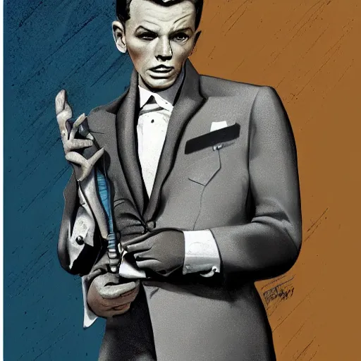 Prompt: perfect composition, subdued color palette, award-winning concept art, detailed digital painting, airbrushed, low contrast: costume design for young Frank Sinatra as a poor dystopian dieselpunk 1950s bartender. Volumetric cinematic lighting, great attention to perfect anatomy, special attention to posing, great attention to realistic facial expression, faithful cinematic color scheme, perfectly coherent. In the style of: Greg Rutkowski, Syd Mead, Norman Rockwell, Edward Hopper, James Gilleard, Ilya Kuyshinov, WLOP, and Stanley Artgerm.