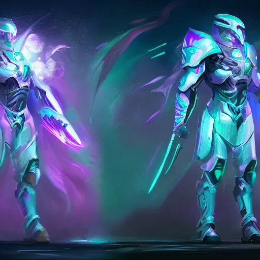 Image similar to Full Armor set made of galaxies and sci fi parts conjuring cosmic energy, surrealism, smooth, intricate, elegant, galactic energy, power aura, neon glowing spells, digital painting, artstation, concept art, high tech fantasy, sharp focus, illustration, art by Jason Chan and Riot Studios and Blizzard Studios