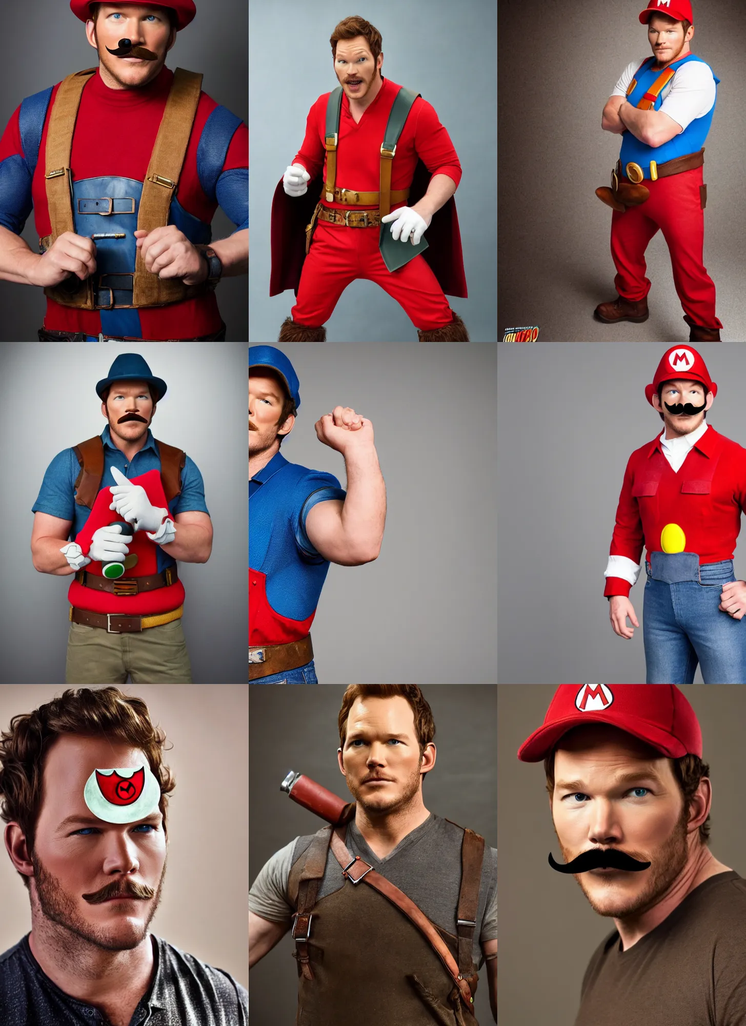 Prompt: chris pratt with a mustache dressed as mario, cosplay, detailed face, promo shoot, studio lighting