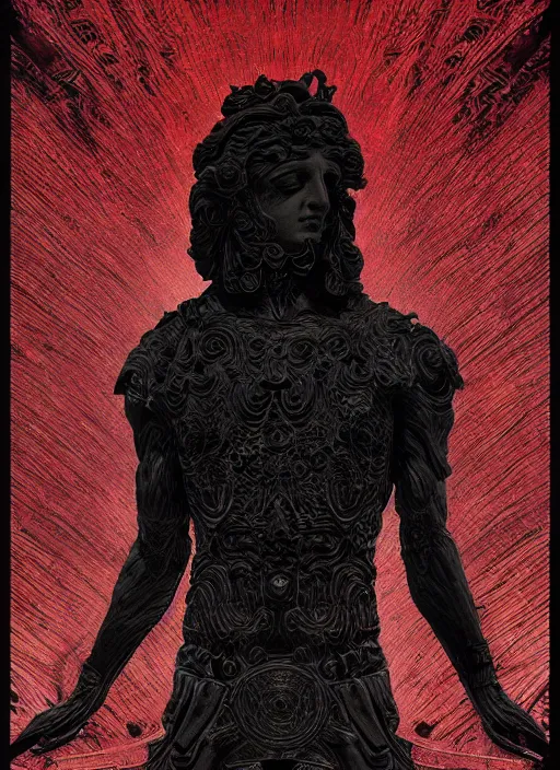 Image similar to elegant dark design poster showing a greco roman statue, black background with very subtle red and purple design elements, powerful, nekro, vito acconci, thick straight lines, dark, glitch art, neo vaporwave, gritty, layout frame, square, extremly detailed, trending on artstation