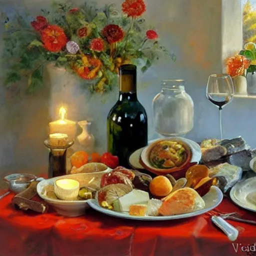 Prompt: a table full of traditional Swedish food, candles, wine, schnapps, pork, cheese, painting by Vladimir Volegov