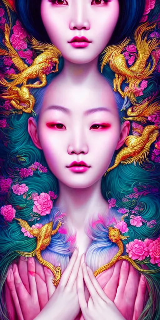 Prompt: hyperrealistic close-up of beautiful chinese woman with white hair and iridescent gold skin hannah yata dramatic neon lighting