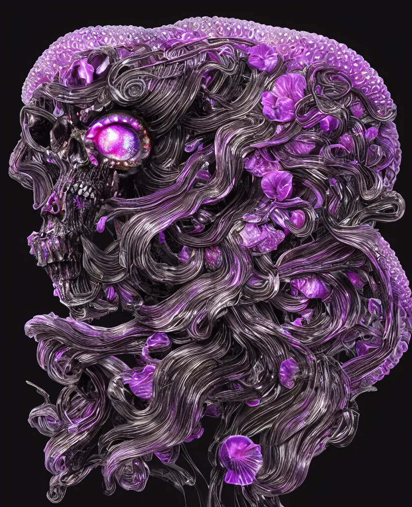 Image similar to fully black background. background hex 000000. goddess princess face close-up portrait ram skull. made of dichroic obsidian. jellyfish phoenix head, nautilus, orchid, skull, betta fish, bioluminiscent creatures, intricate artwork by Tooth Wu and wlop and beeple. octane render, trending on artstation, greg rutkowski very coherent symmetrical artwork. cinematic, hyper realism, high detail, octane render, 8k