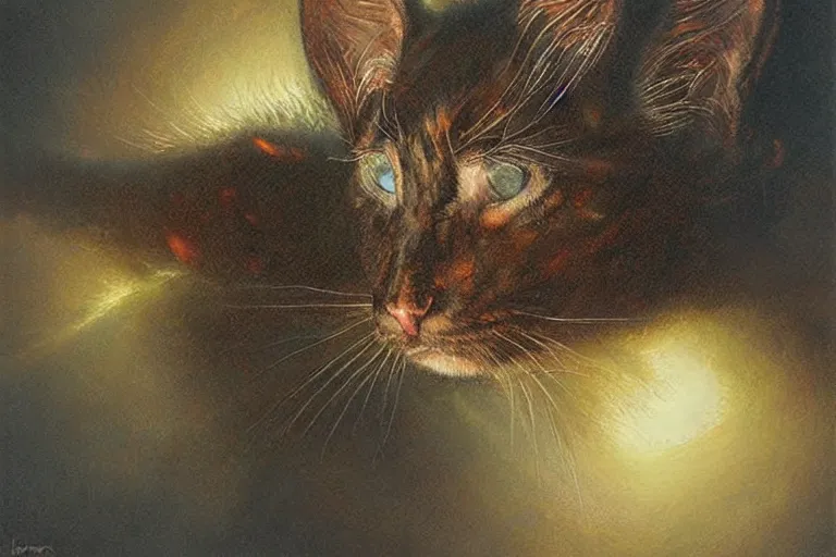 Image similar to bait displacer beast kitten, art by bob eggleton, trending on artstation, dramatic lighting top view figurativism, award - winning, abstract illusionism, sketched, divisionism