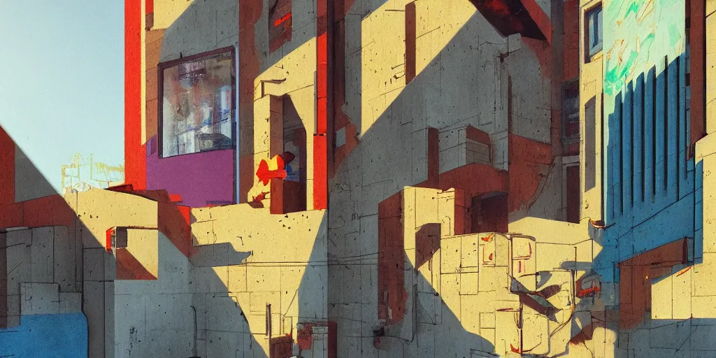 Image similar to neo brutralism, concrete housing, an archway, concept art, colorful, vivid colors, sunshine, light, shadows, reflections, oilpainting, cinematic, 3D, in the style of Akihiko Yoshida and Edward Hopper