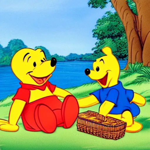 Prompt: Winnie the pooh and Donald duck having a picnic, cartoon
