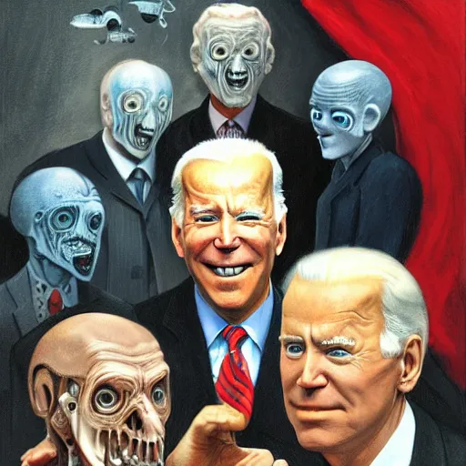 Image similar to terrifying, surreal portrait of joe biden with face sloughing off to reveal robot underneath l by j. c. leyendecker, bosch, william blake, stephen gammell, jon mcnaughton, and beksinski