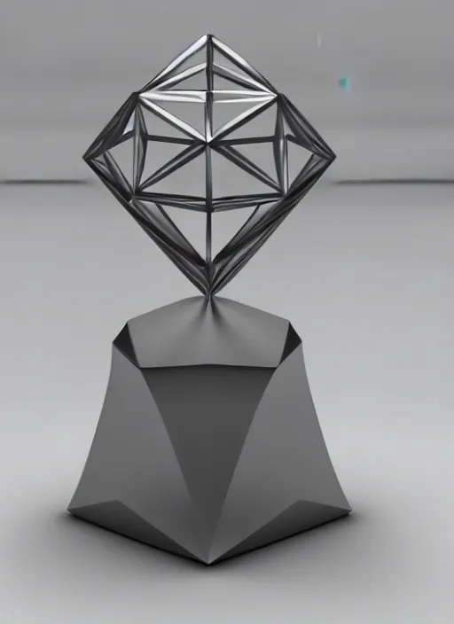 Prompt: ultra realistic, tall, reflective, very symmetrical, polyhedral, 3 d printed steel engineering trophy, 4 k, ultra realistic, highly detailed, epic lighting