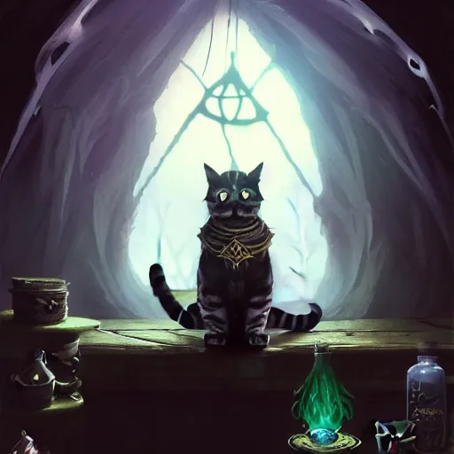 Image similar to Cat Witch, evil, brewing potion in witch Hut, magic the gathering artwork, horror, D&D, fantasy, cinematic lighting, centered, symmetrical, highly detailed, digital painting, artstation, concept art, smooth, sharp focus, illustration, volumetric lighting, epic Composition, 8k, art by Akihiko Yoshida and Greg Rutkowski and Craig Mullins, oil painting, cgsociety