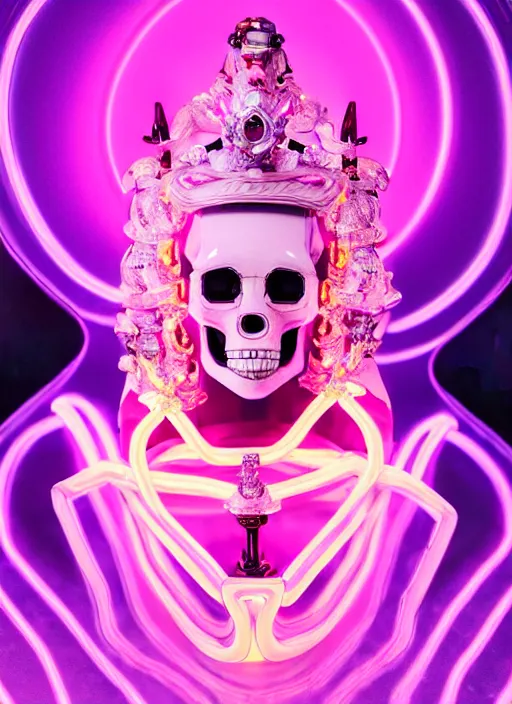 Image similar to photo of fullbodied baroque and bladerunner delicate neon diamond sculpture of seductive onyx albino marble prince kai harvatz dotado pink iridescent skull psychedelic, reclining, glowing magenta face, crown of white diamonds, cinematic lighting, photorealistic, octane render 8 k depth of field 3 d