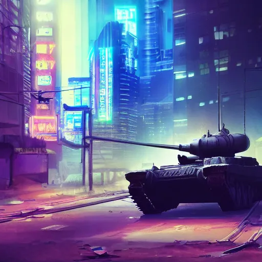 Prompt: high quality photo of a tank in a cyberpunk cyberpunk cyberpunk city, neon lights, realism, 8k, award winning photo, no water