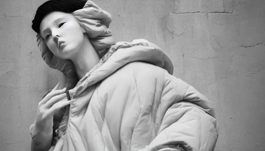 Image similar to well lit fashion shoot portrait of extremely beautiful female marble statue wearing huge over size puffer jacket by dingyun zhang, yeezy, balenciaga, vetements, a cold wall, sharp focus, clear, detailed,, cinematic, detailed, off white, glamourous, symmetrical, vogue, editorial, fashion, magazine shoot, glossy