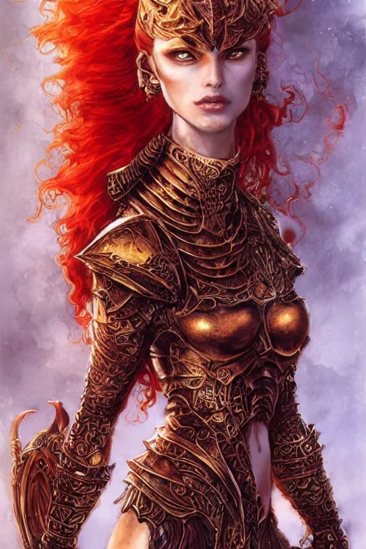 Image similar to portrait of a stunningly beautiful armoured red headed ifrit genie - kin paladin, female, close up, fantasy, intricate, elegant, highly detailed, digital painting, artstation, concept art, sharp focus, illustration, art by luis royo, wayne barlowe, kirsi salonen, asya yoranova and alan lee