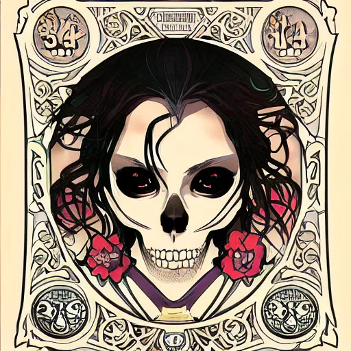 Image similar to anime manga skull portrait woman skeleton illustration style by Alphonse Mucha pop art nouveau