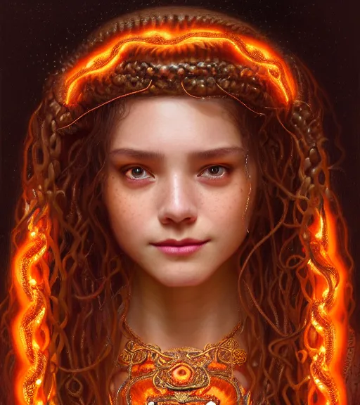 Image similar to portrait of teenage medusa, snake hair, naughty smile, wearing an embroidered orange tunic, intricate, elegant, copper and emerald jewelry, glowing lights, highly detailed, digital painting, artstation, concept art, smooth, sharp focus, illustration, art by wlop, mucha, artgerm, and greg rutkowski