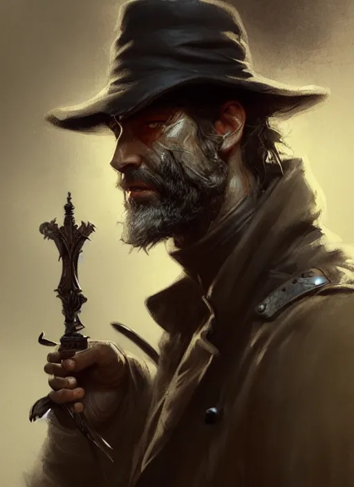 Prompt: portrait of a rugged man wearing a trenchcoat, holding a sword, victorian, concept art, detailed face, fantasy, close up face, highly detailed, cinematic lighting, digital art painting by greg rutkowski