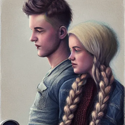 Image similar to a highly detailed side portrait of a young couple from the side, holding a tin can, remote icelandic village, summer, jeans and t shirt, blonde hair, muted colors, by tom bagshaw, trending on artstation,