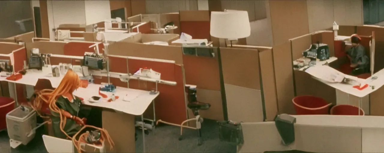 Image similar to security cam footage of someone eating spaghetti at their cubicle alone, kodachrome, in the style of wes anderson, retro!!! no!!! repeat!!!